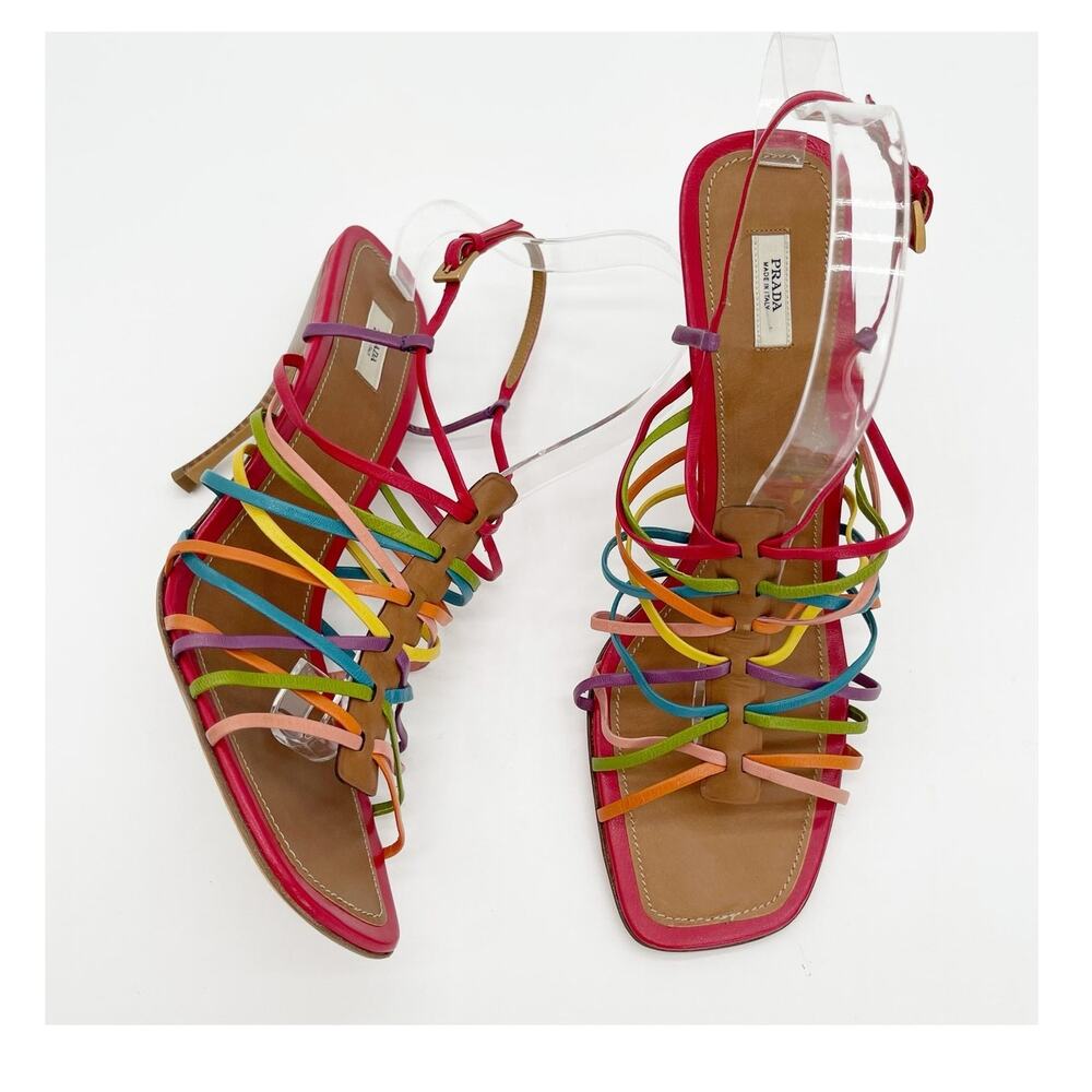 Prada Vintage Rainbow Multicolor Strappy Slingback Stiletto Sandal Heels IT 41